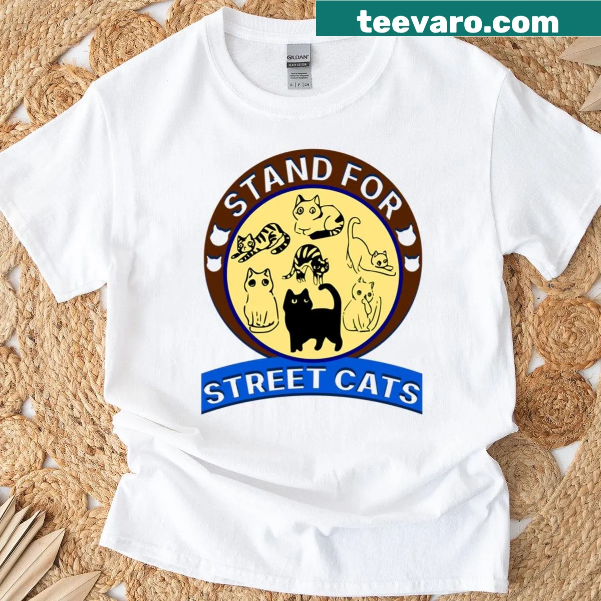 Emblem t-shirt advocating for street cats with impactful design — on a men's t-shirt