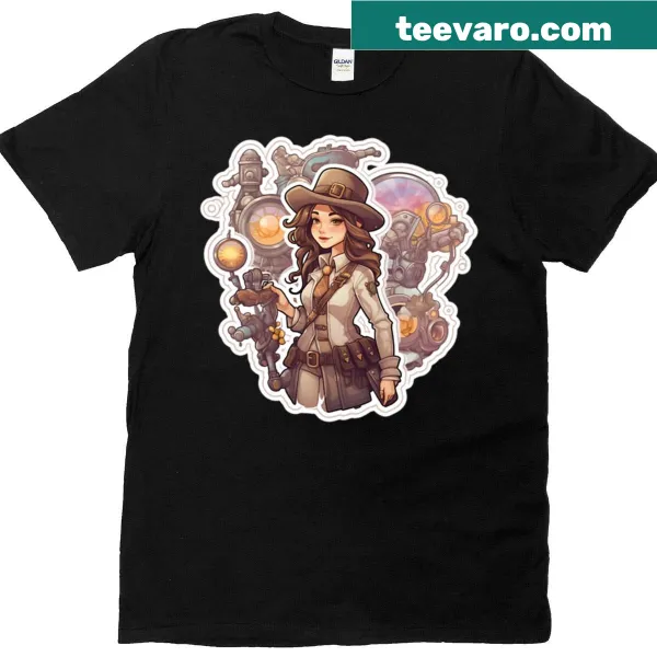 Steampunk lady adventurer t-shirt with bold illustration