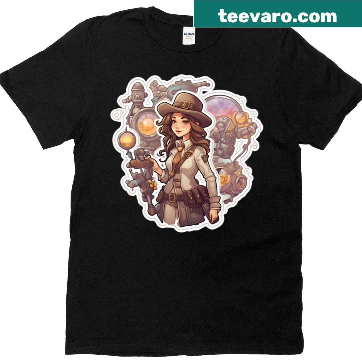 Steampunk lady adventurer t-shirt with bold illustration — on a men's t-shirt