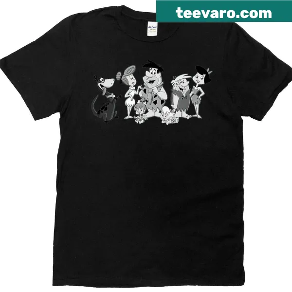Oversized T-shirt with a whimsical Stone Age family graphic in black and white