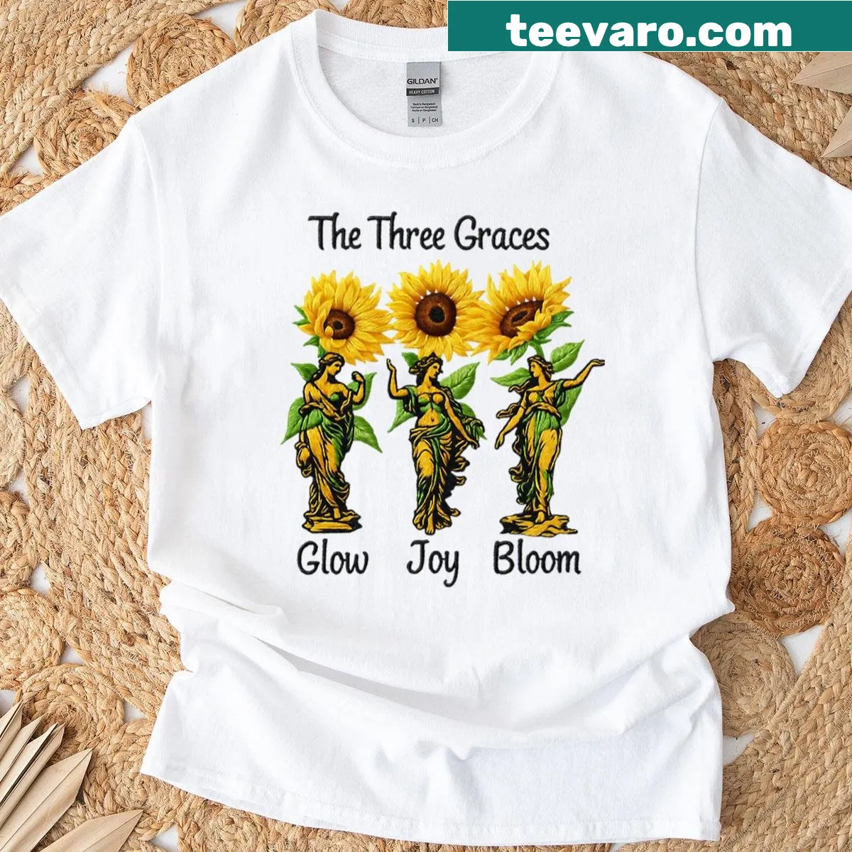 Vintage T-shirt featuring sunflowers and The Three Graces design — on a men's t-shirt