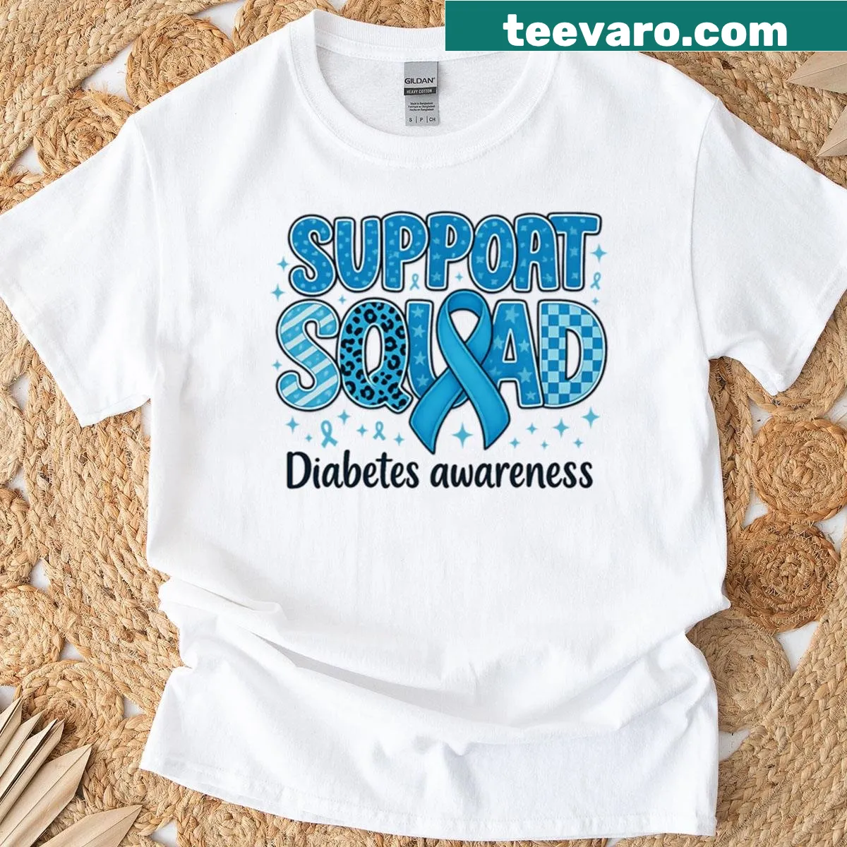 Blue ribbon design for diabetes awareness on a T-shirt — on a men's t-shirt