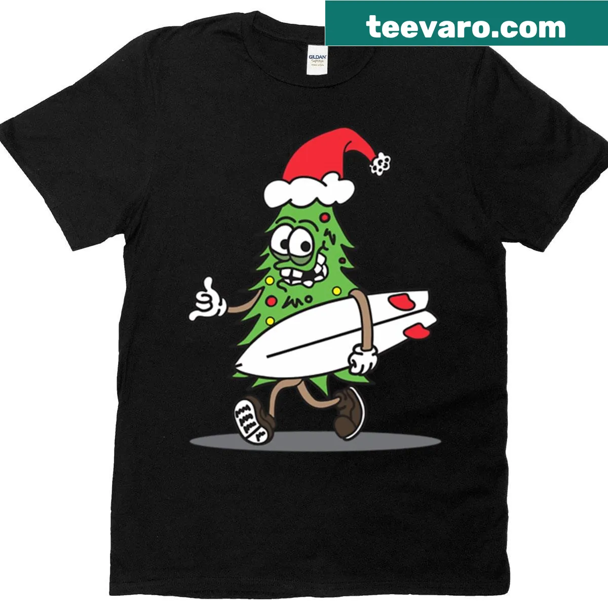 Funny T-shirt featuring a surfing Christmas tree design — on a men's t-shirt