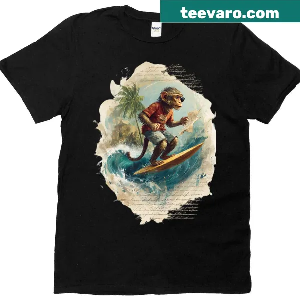 Playful illustration of a surfing monkey riding waves