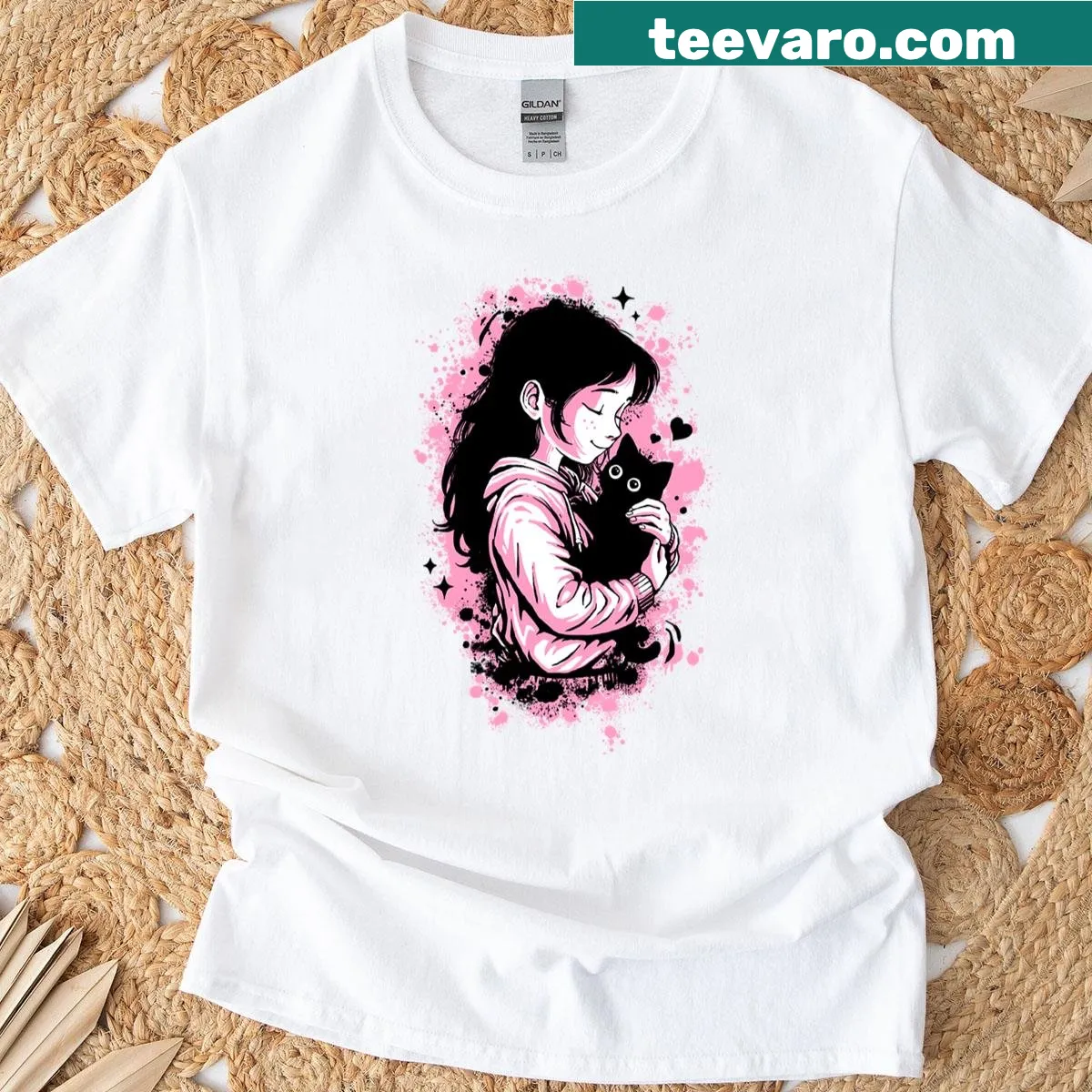 Cute art t-shirt of a girl with her black cat in pink colors — on a men's t-shirt