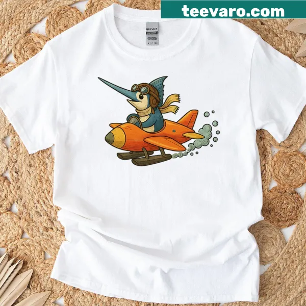 Aviator swordfish character illustrated on an oversized T-shirt