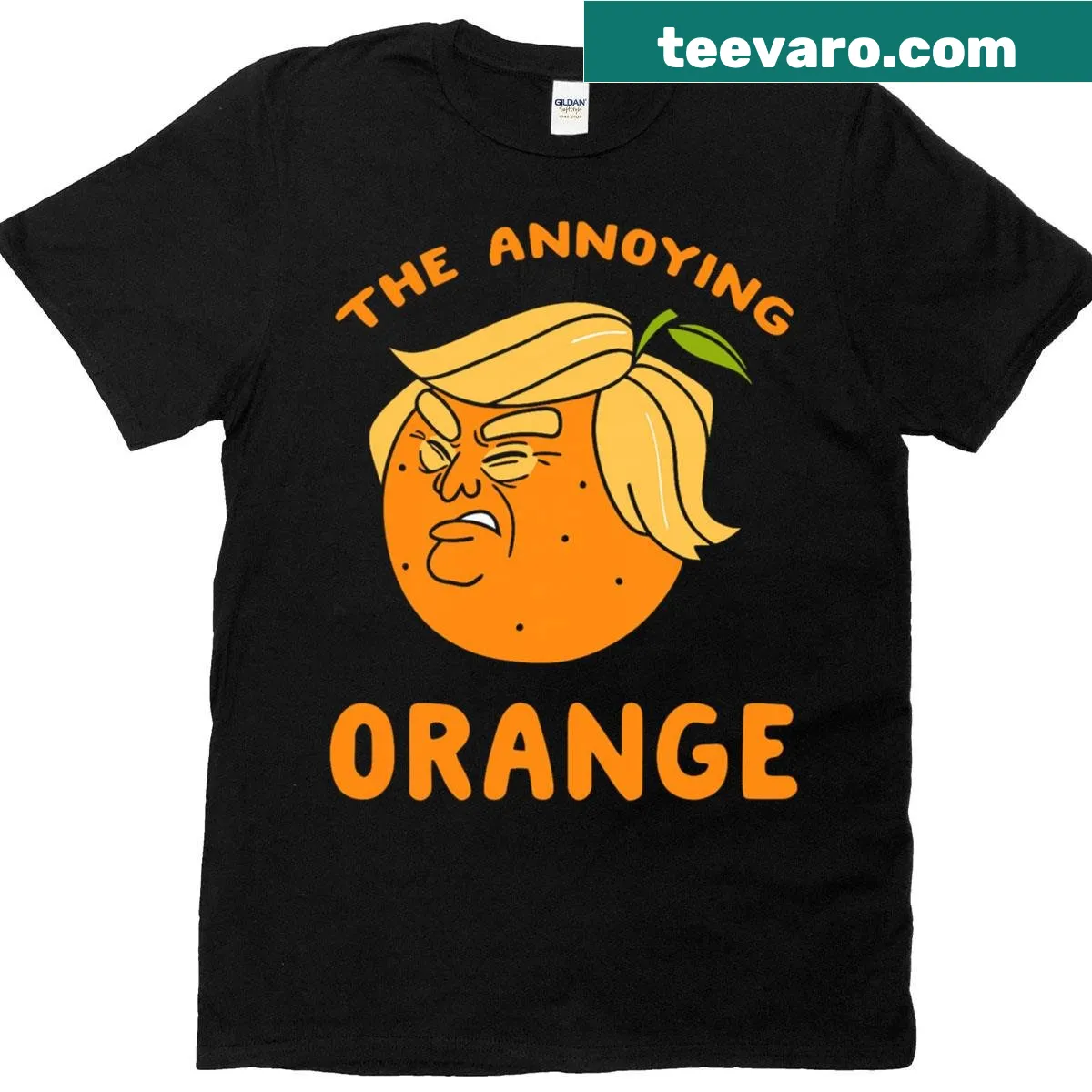 Funny shirt featuring the Annoying Orange with a political twist — on a men's t-shirt