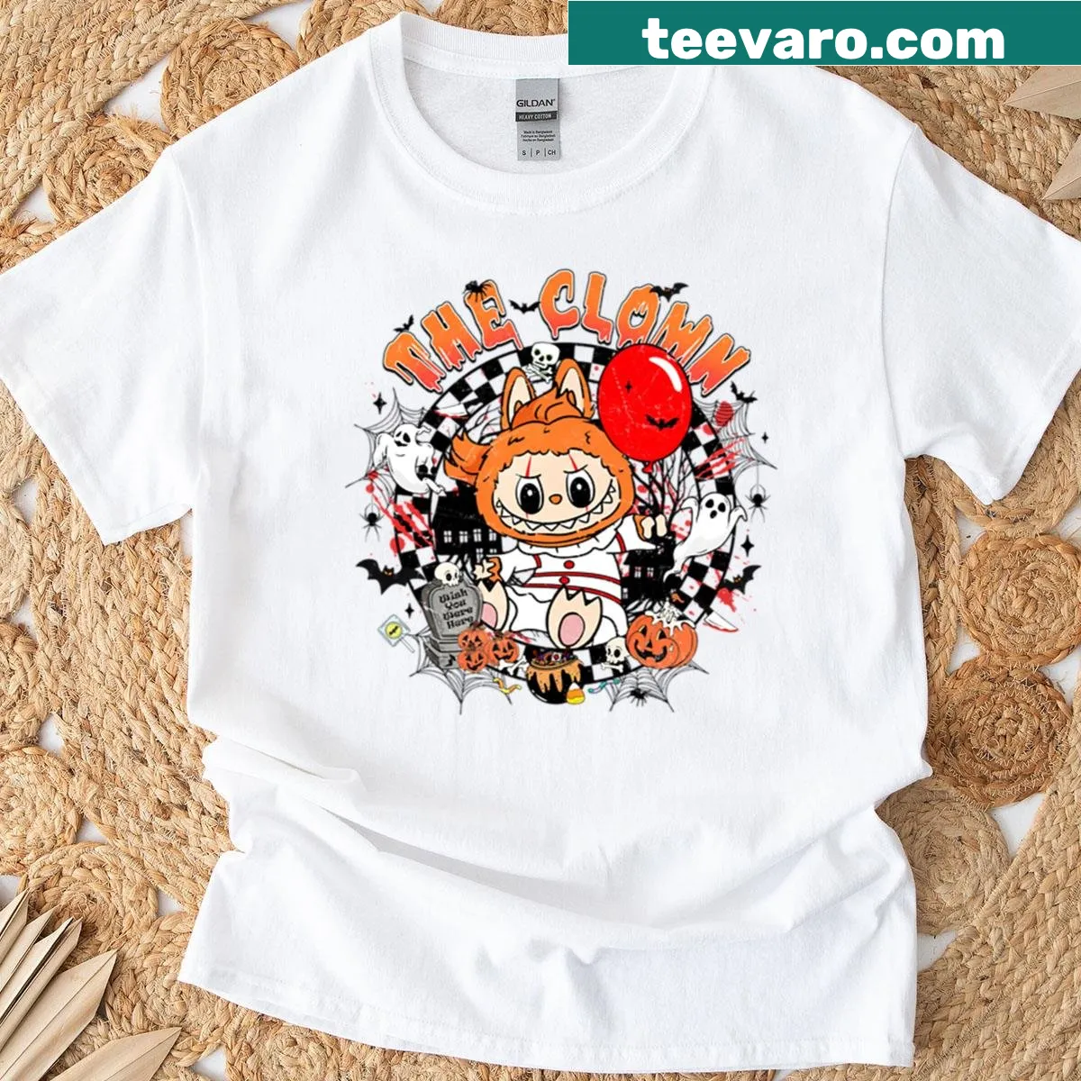 Horror-themed T-shirt featuring Pennywise with red balloon design — on a men's t-shirt