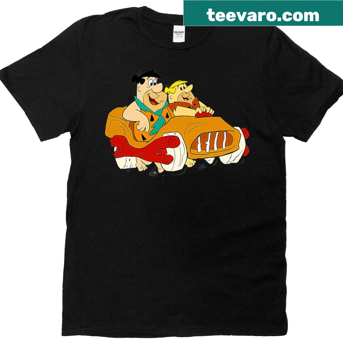 T-shirt featuring the Flintstones wooden car design — on a men's t-shirt