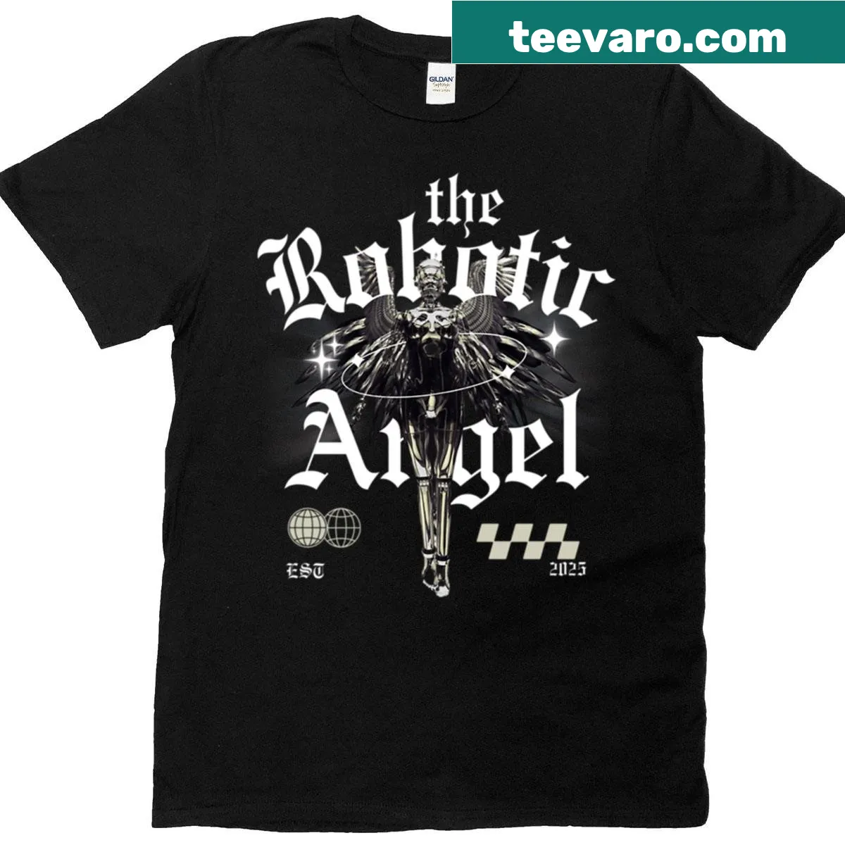 T-shirt with illustration of a robot angel with wings — on a men's t-shirt