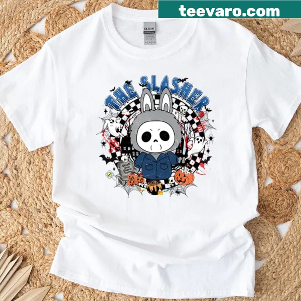 Kawaii Michael Myers Halloween t-shirt featuring playful horror design.