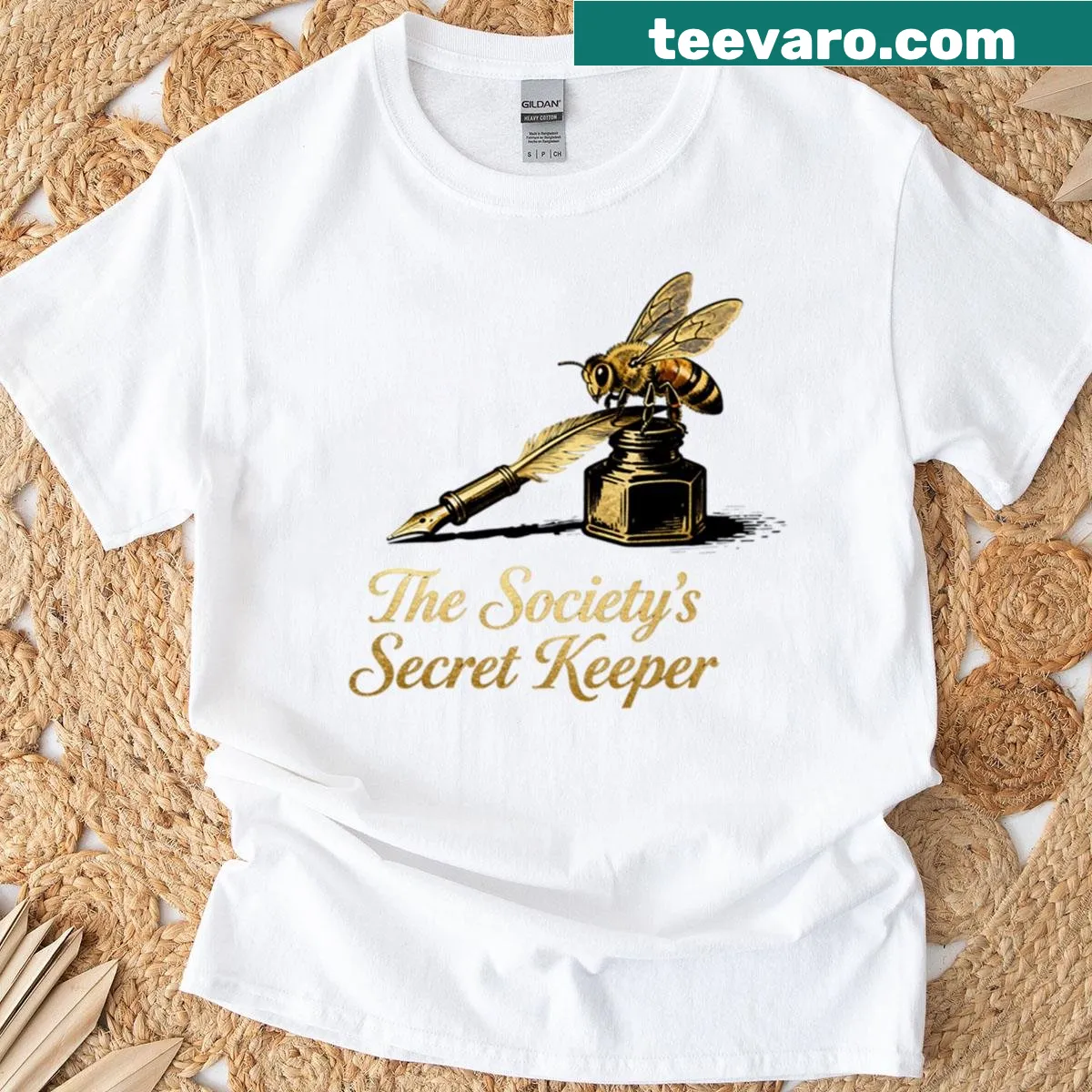 Dark academia vintage bee and quill design on a bookish tee. — on a men's t-shirt