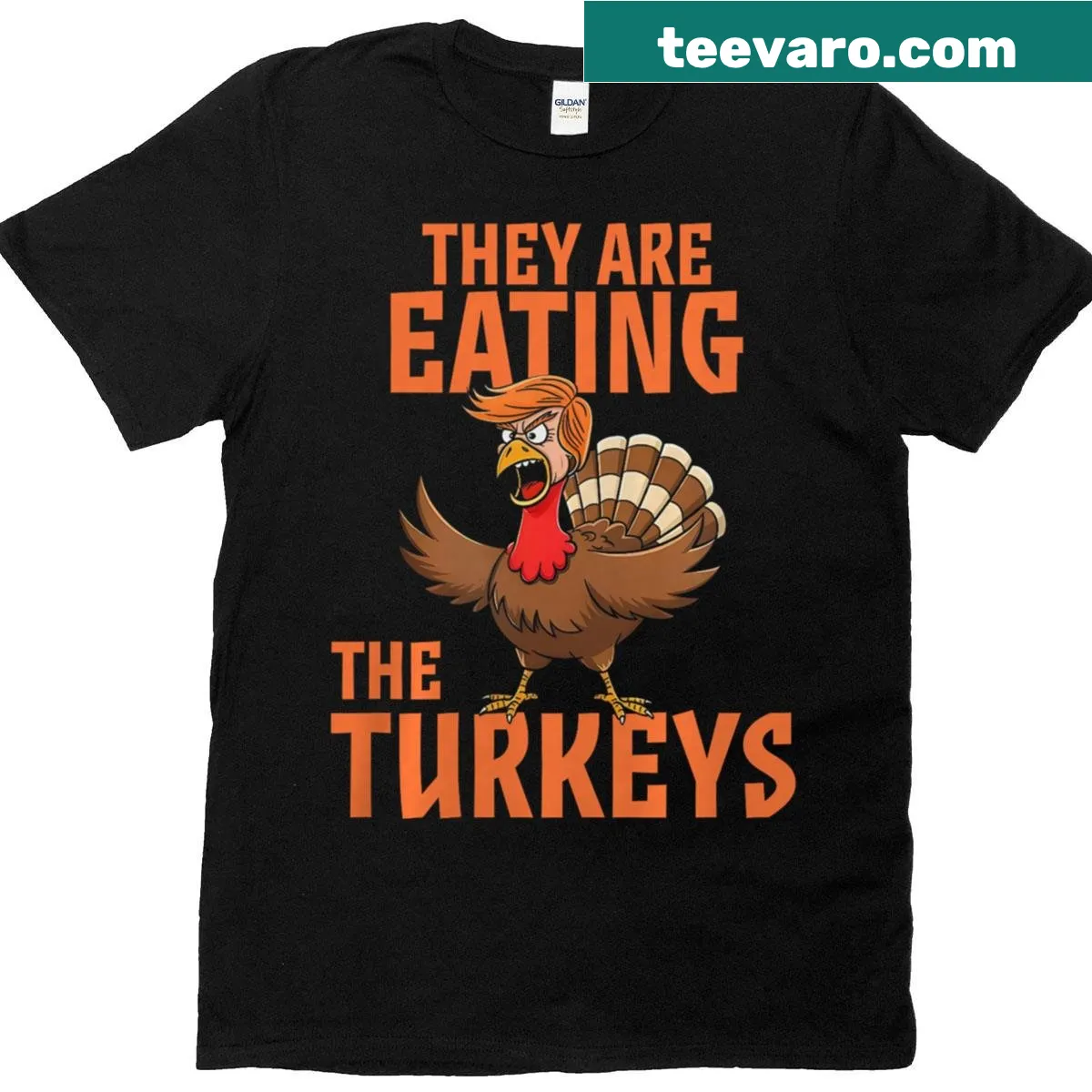 Funny Thanksgiving t-shirt with Trump-themed graphic. — on a men's t-shirt