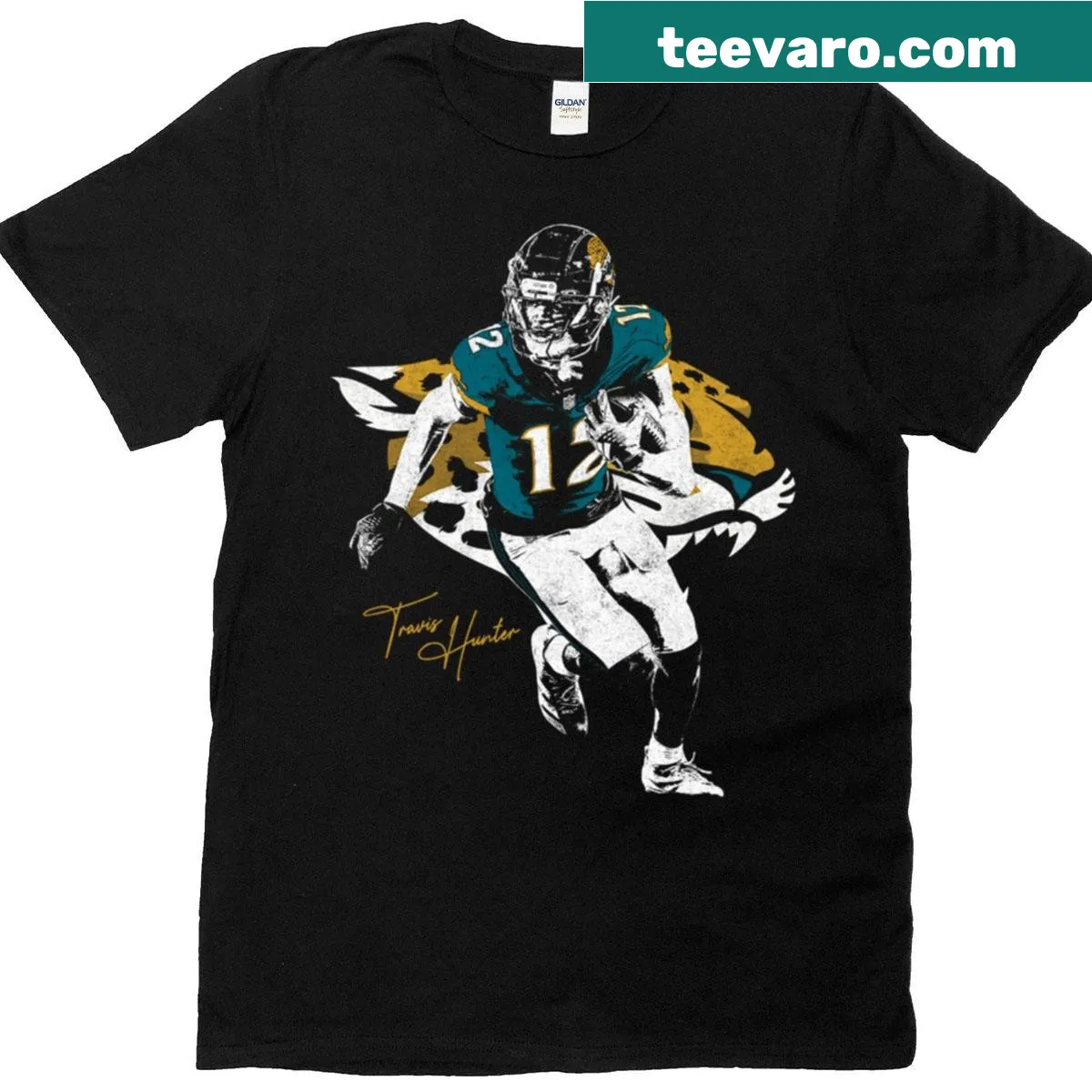 Illustrative T-shirt celebrating Travis Hunter in sports — on a men's t-shirt