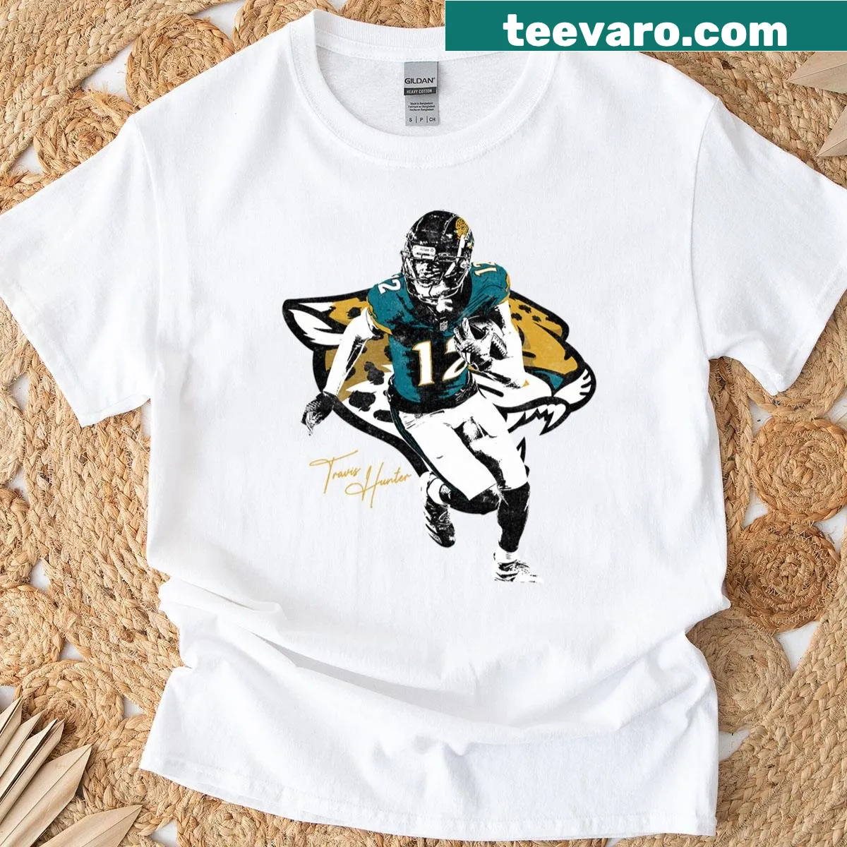 Illustrative shirt featuring Travis Hunter character — on a men's t-shirt