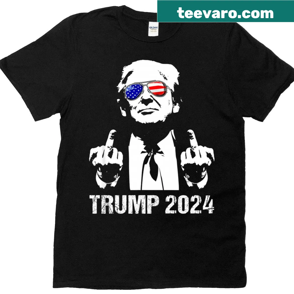 T-shirt featuring American flag design and sunglasses for Trump 2024 — on a men's t-shirt