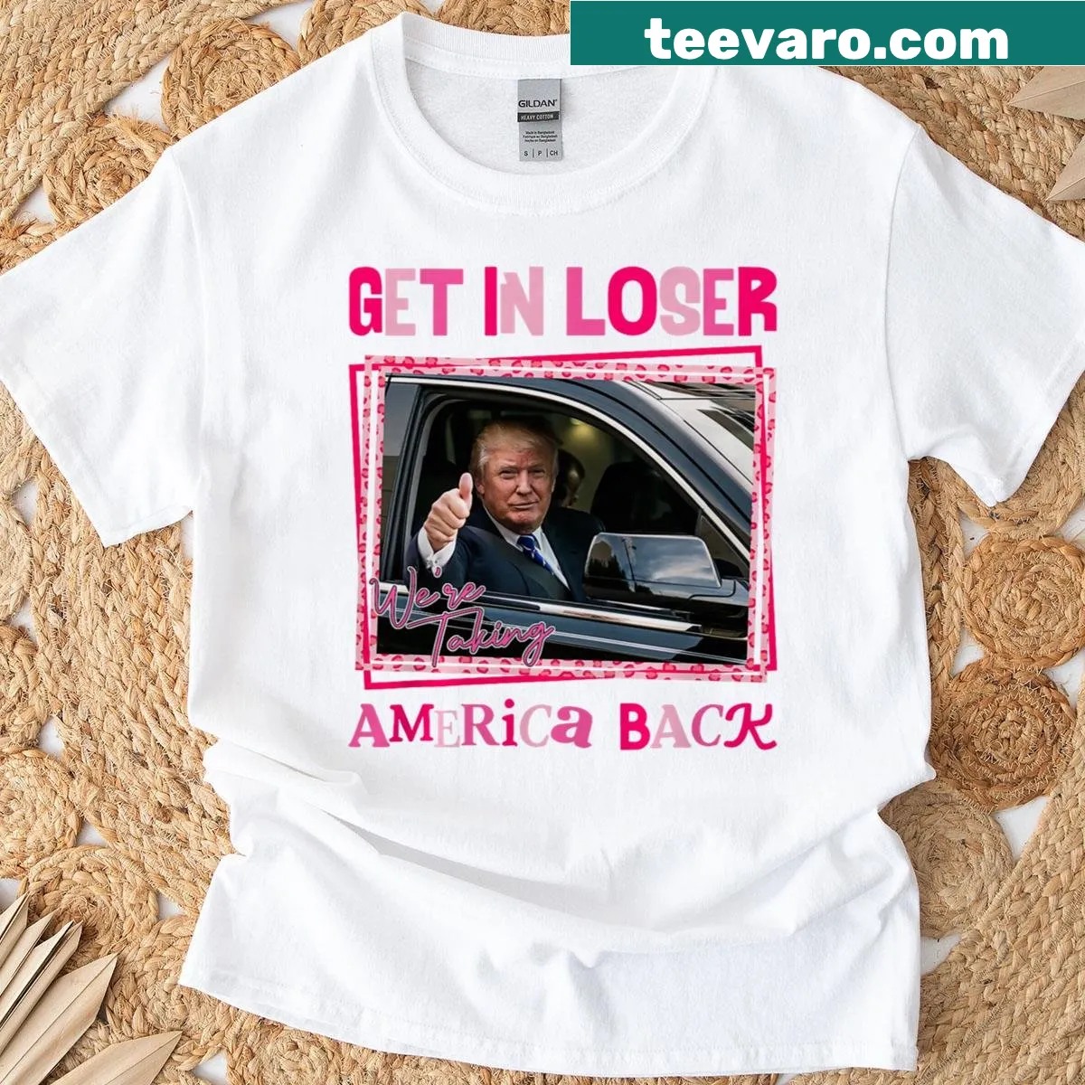 T-shirt with text 'Get In Loser, We Are Taking America Back'. — on a men's t-shirt