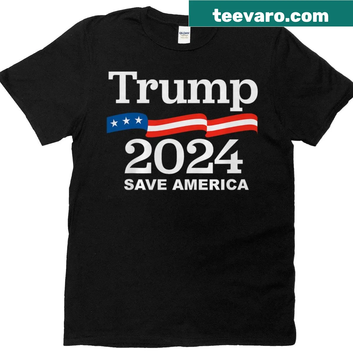 T-shirt with 'Trump 2024 Save America' printed in bold text — on a men's t-shirt