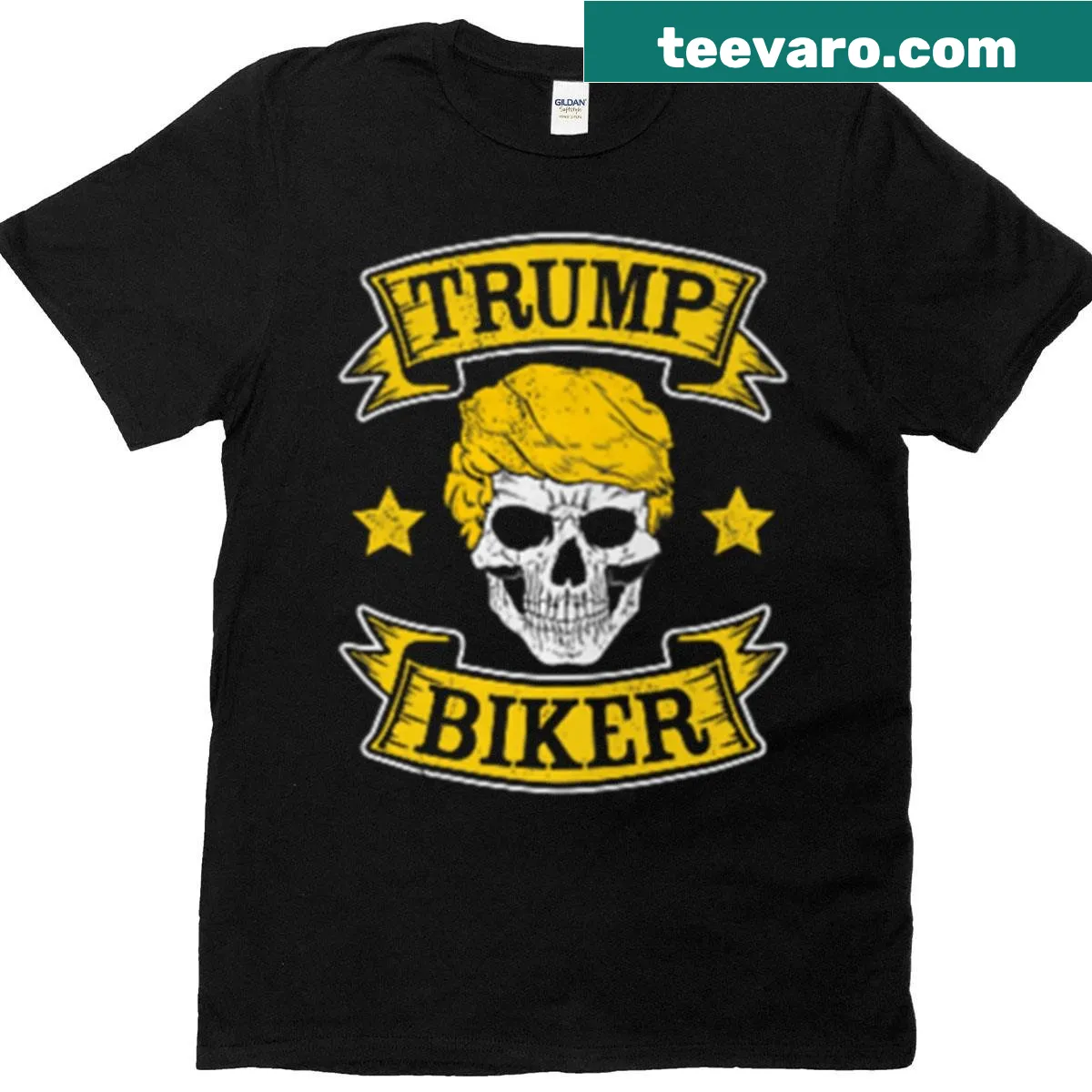 Biker badge USA themed Trump T-shirt with front and back designs — on a men's t-shirt
