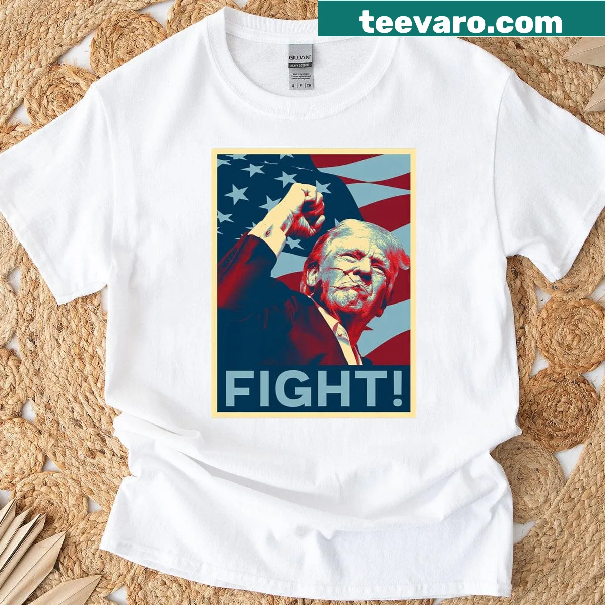 Vintage style Trump fist pump design with US flag elements — on a men's t-shirt