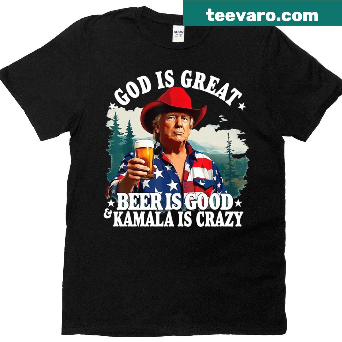 Funny political T-shirt featuring humorous text about Kamala and beer — on a men's t-shirt