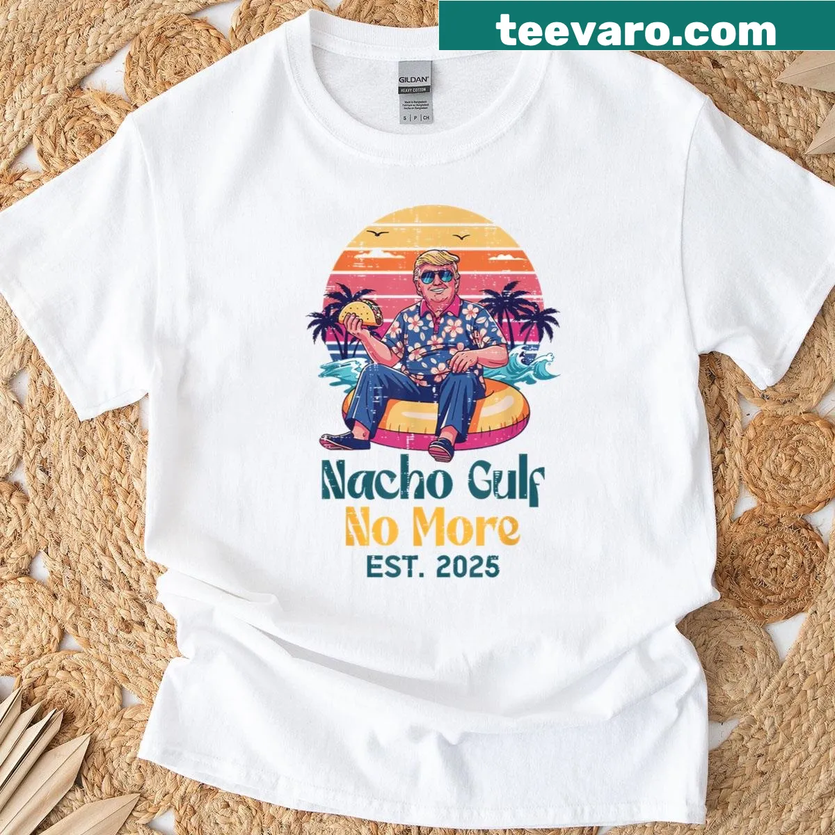 Funny t-shirt with the phrase 'Nacho Gulf No More Est 2025' — on a men's t-shirt