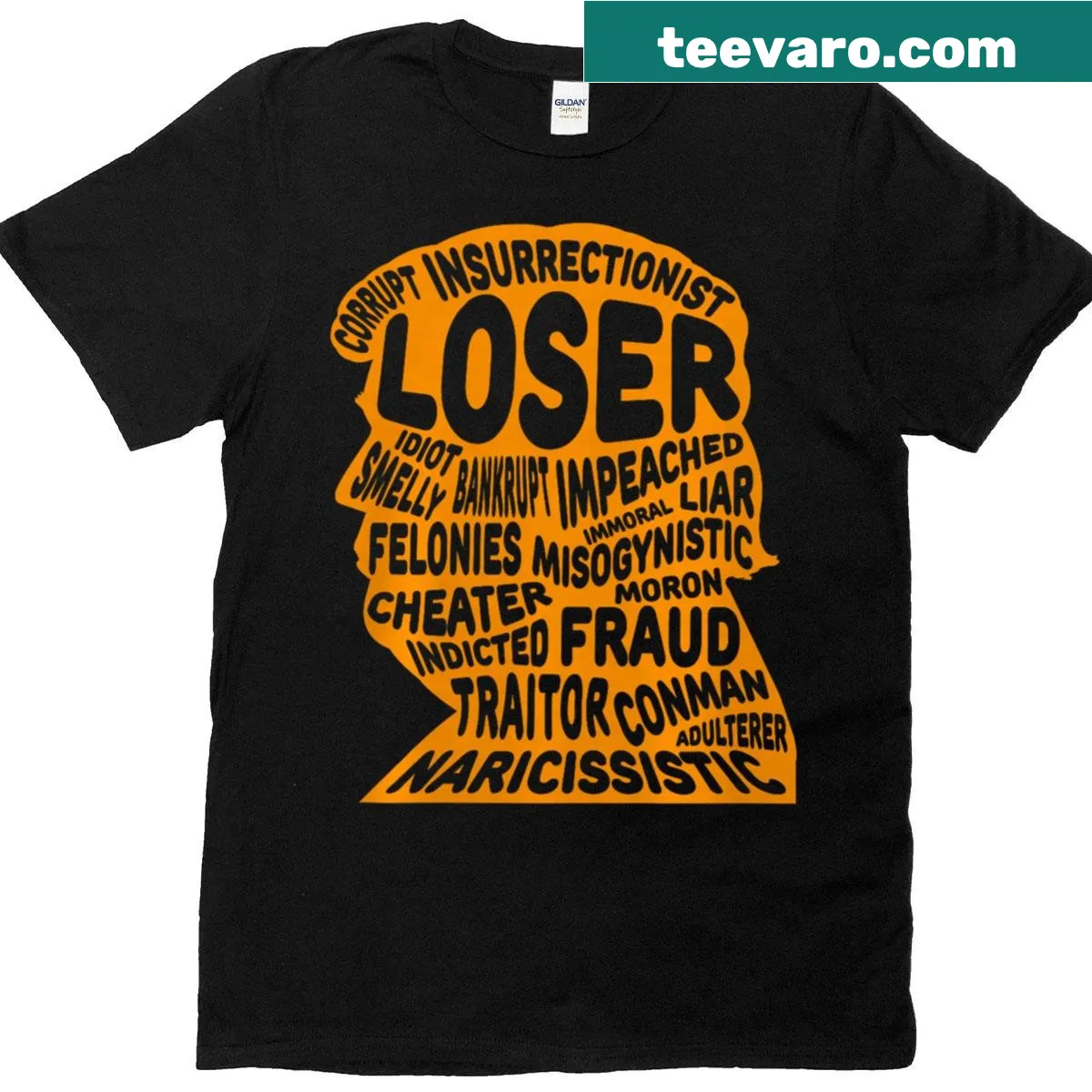 Political satire T-shirt with Trump outline and bold text — on a men's t-shirt