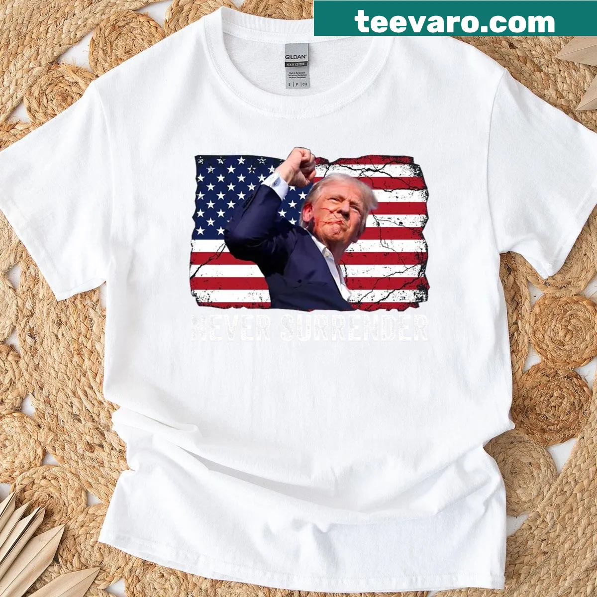 Edgy t-shirt with 'Never Surrender' slogan for 2024 rally. — on a men's t-shirt
