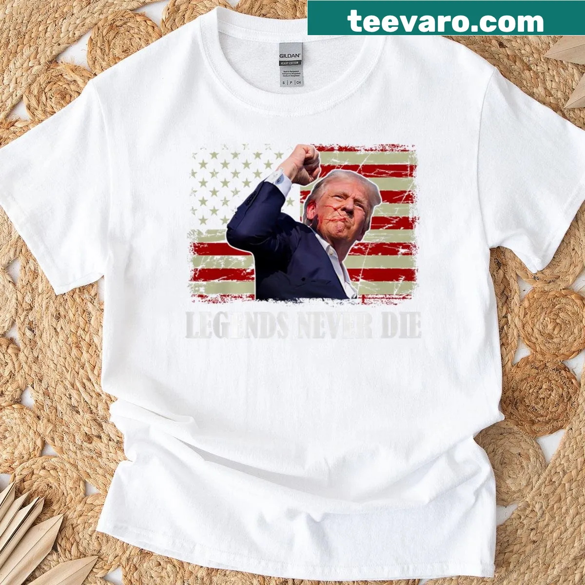 Vintage design shirt with US flag and Legends Never Die text — on a men's t-shirt