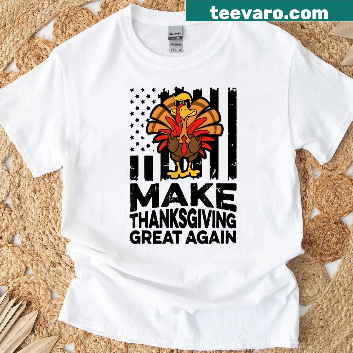 Funny Thanksgiving T-shirt with political theme and turkey graphics — on a men's t-shirt