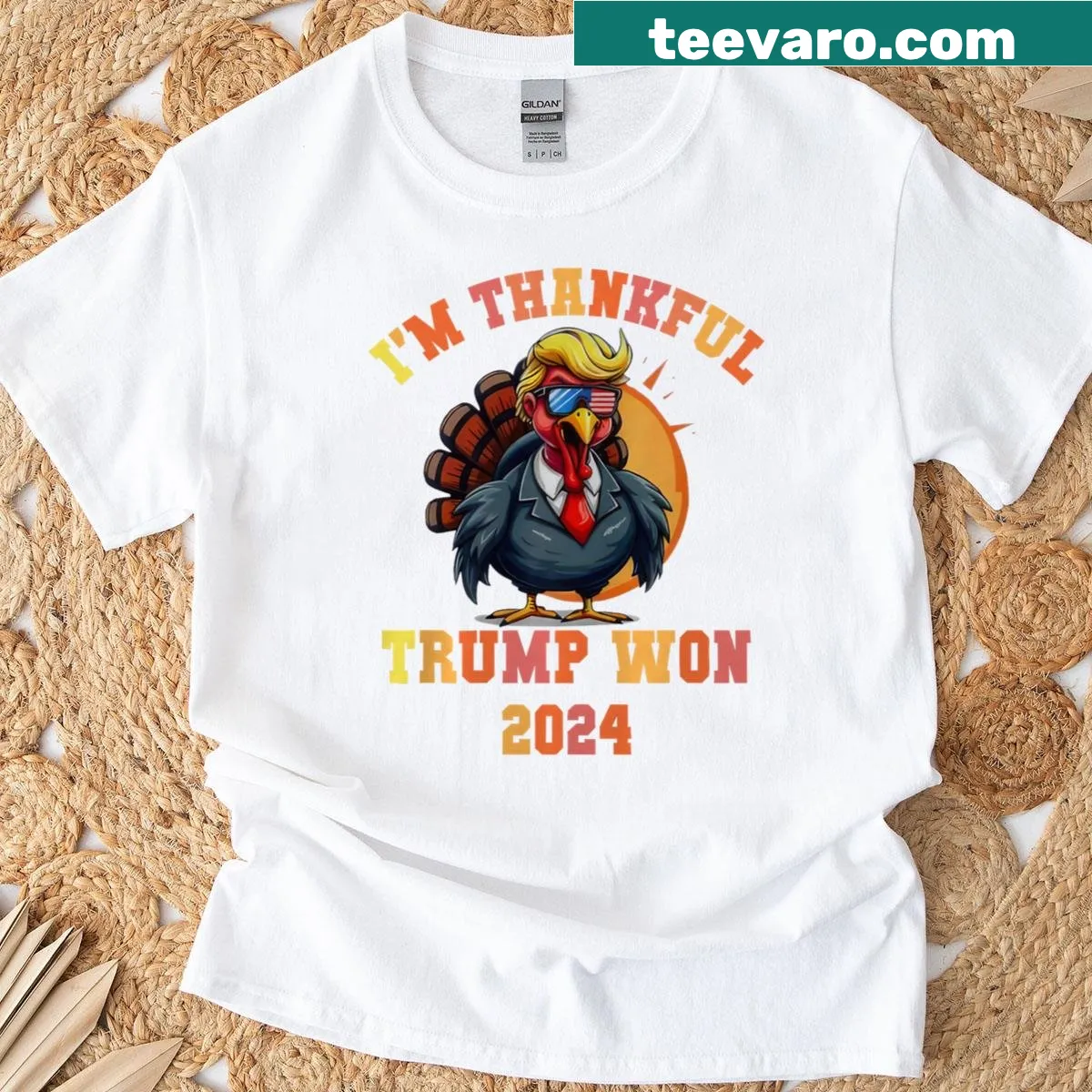 Funny Thanksgiving t-shirt with meme text about Trump. — on a men's t-shirt