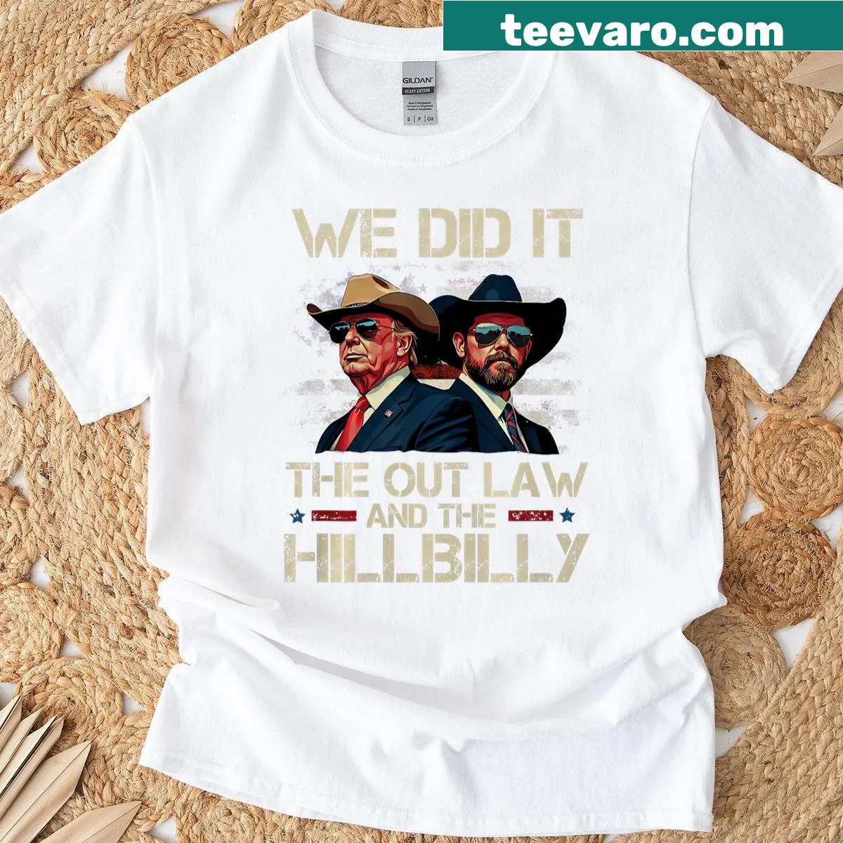 Outlaw hillbilly themed Trump Vance 2024 T-shirt with bold text — on a men's t-shirt