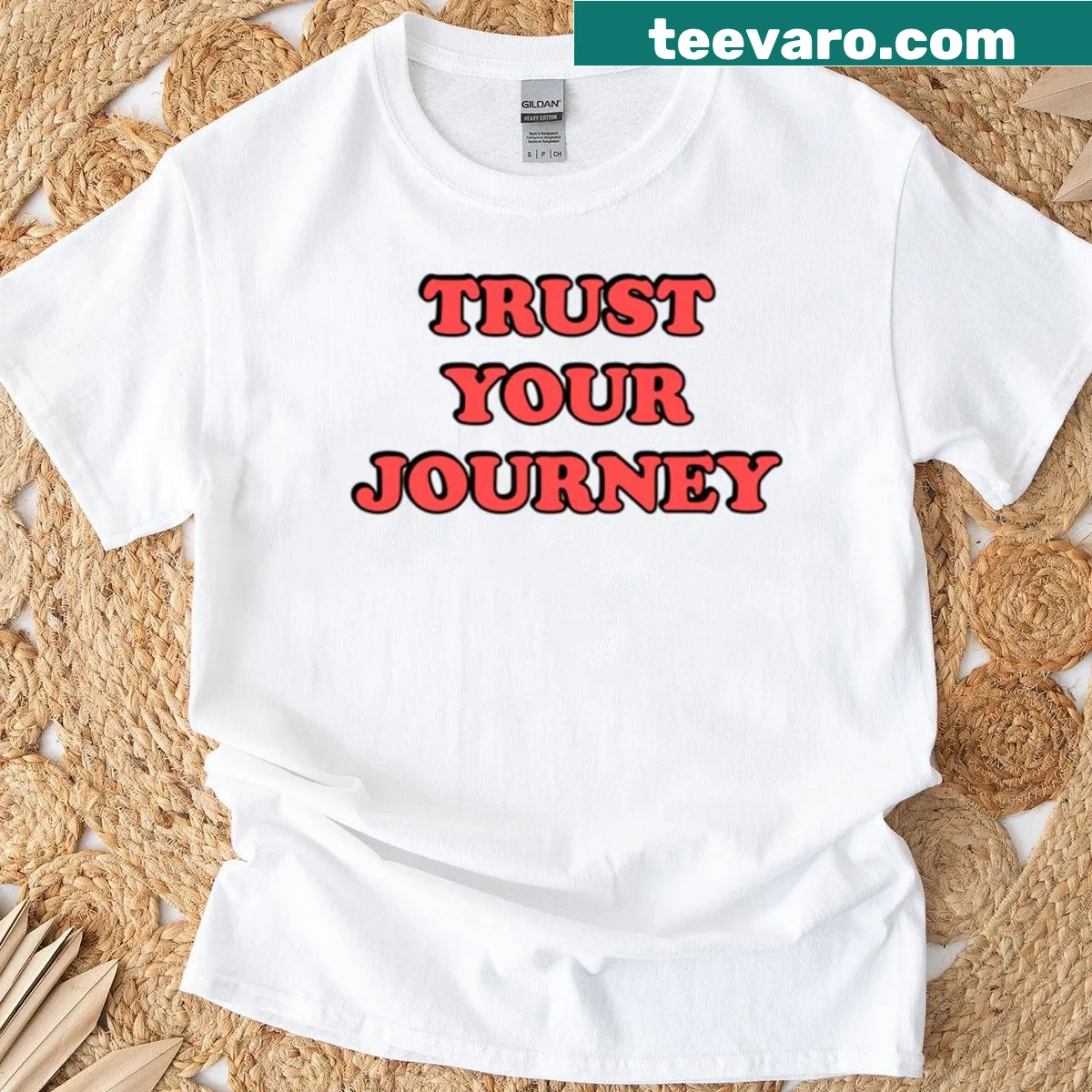 Inspirational typography t-shirt with 'Trust Your Journey' text — on a men's t-shirt