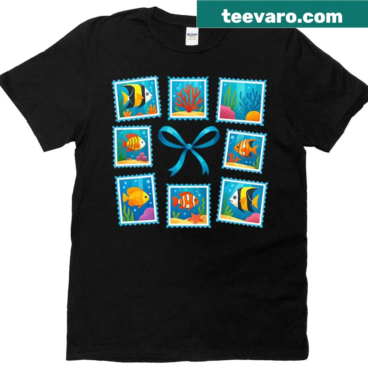 Illustrated underwater stamp collection featuring fish and coral — on a men's t-shirt