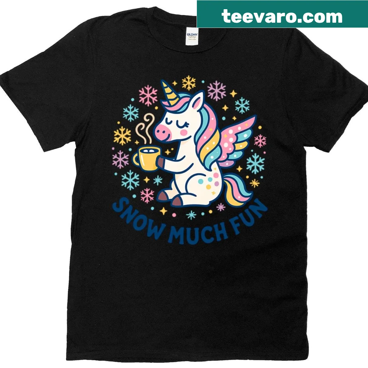 T-shirt featuring whimsical unicorn design with polka dot wings — on a men's t-shirt