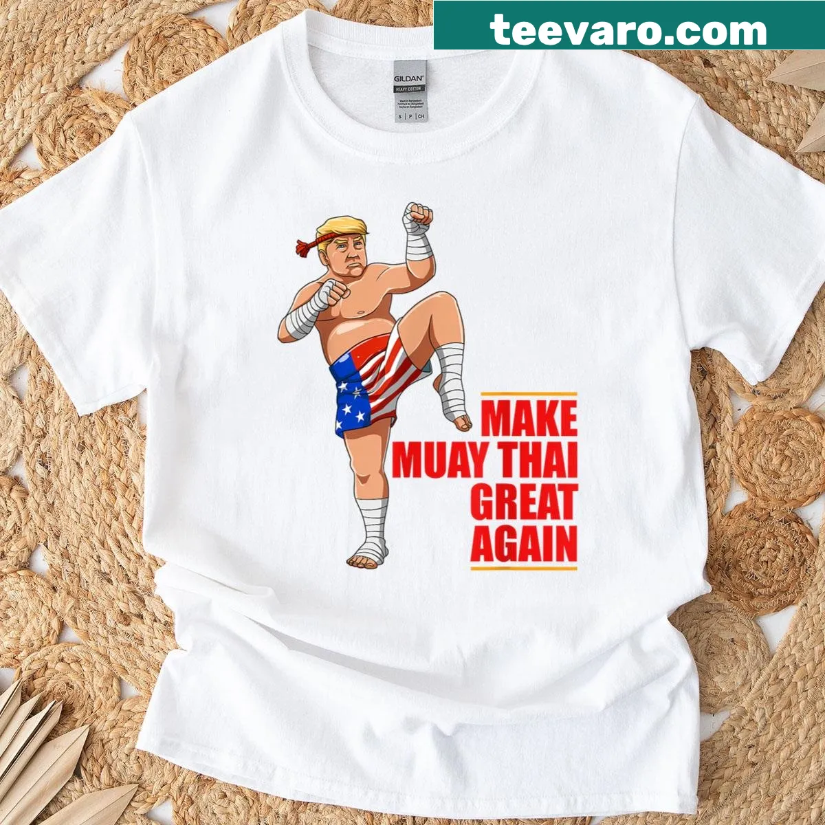 Funny USA and Muay Thai Trump t-shirt with cartoon graphic — on a men's t-shirt