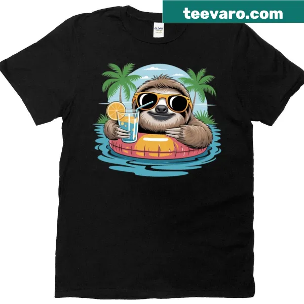 Cartoon t-shirt featuring a lazy sloth on a pool float