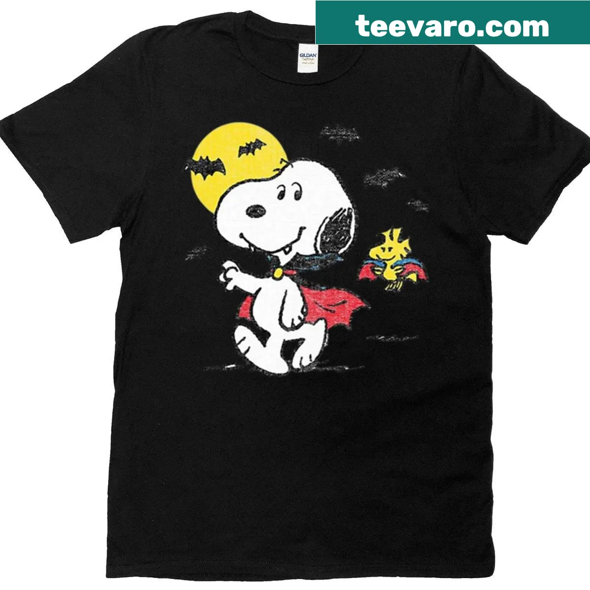 Halloween T-shirt featuring Vampire Snoopy and Woodstock in a whimsical design — on a men's t-shirt