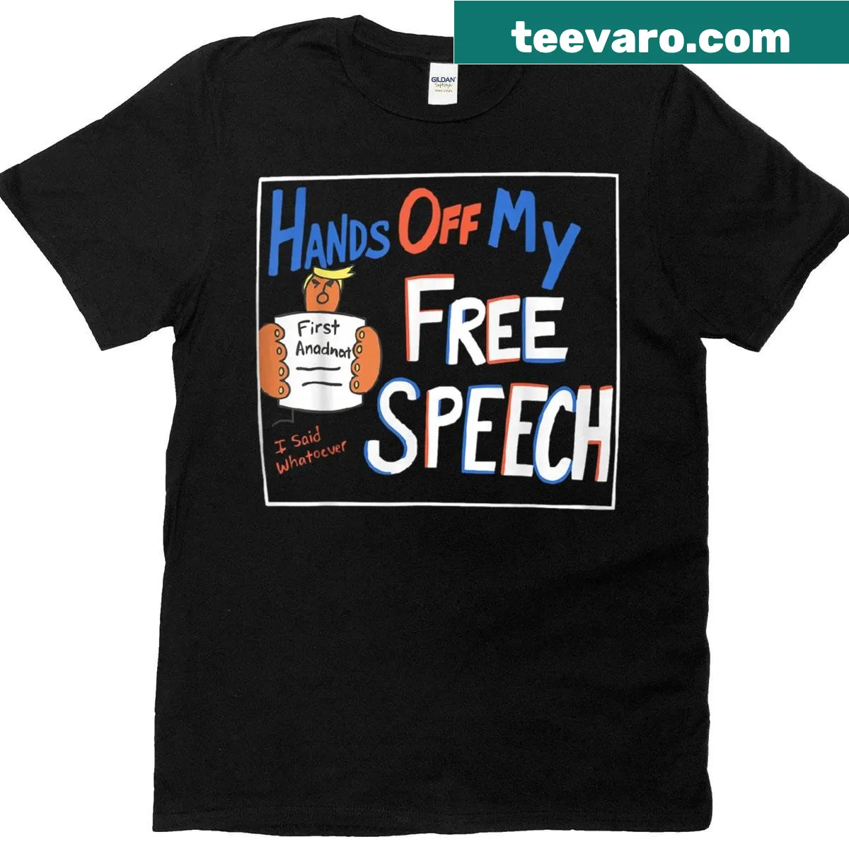 Vintage-style T-shirt with 'Hands off my free speech' text — on a men's t-shirt