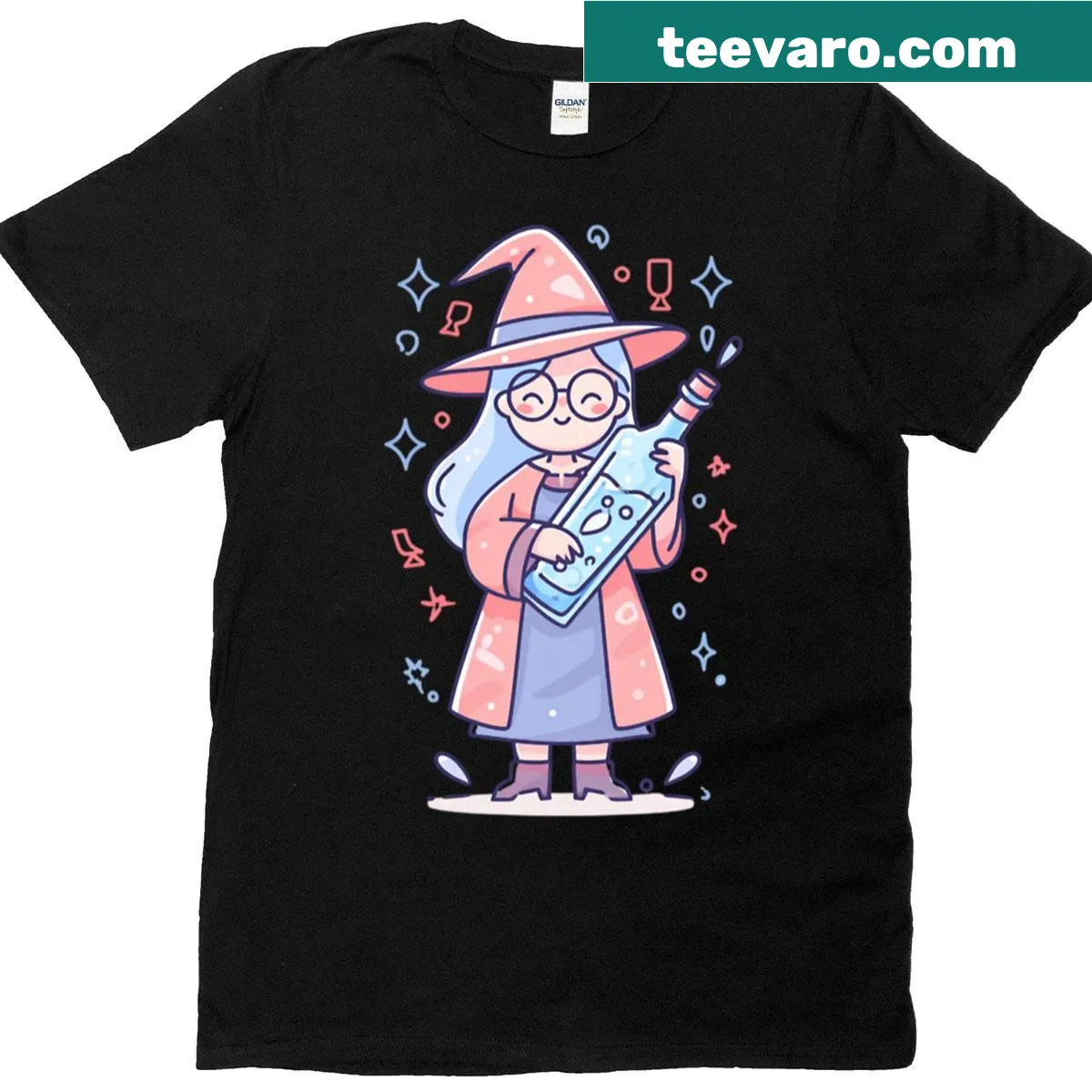 Cartoon witch with vodka bottle graphic T-shirt — on a men's t-shirt