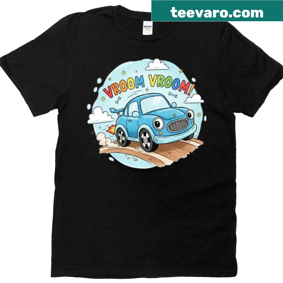 Cartoon blue car design on an oversized t-shirt — on a men's t-shirt