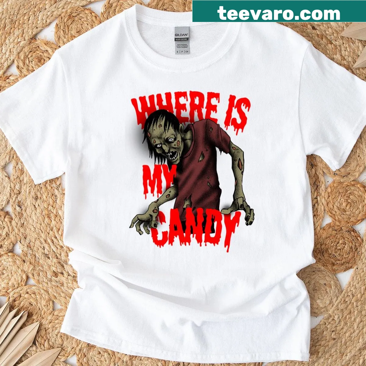 Zombie-themed Halloween T-shirt with quirky graphics and text — on a men's t-shirt