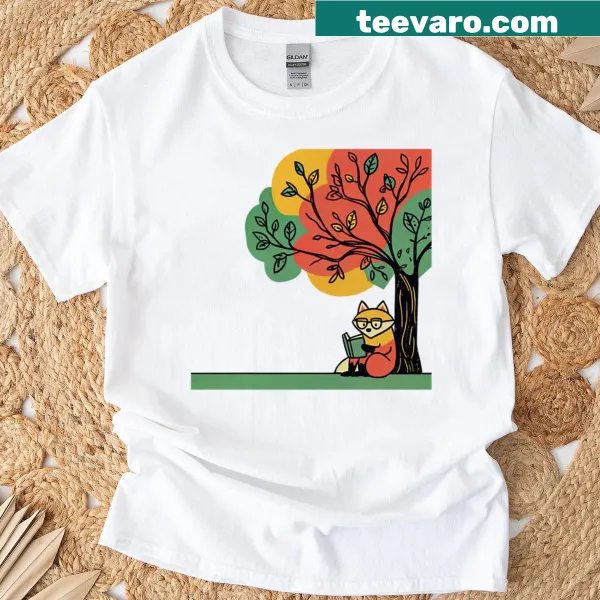 Whimsical shirt featuring a fox under an autumn tree