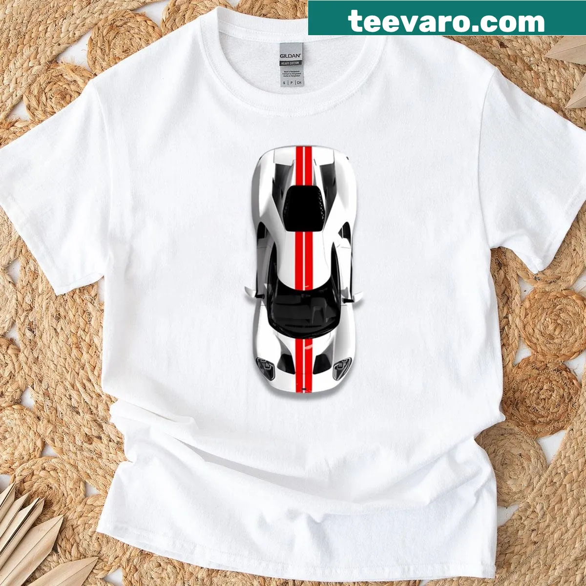 Top view of a white supercar with red stripes illustrated on a T-shirt — on a men's t-shirt