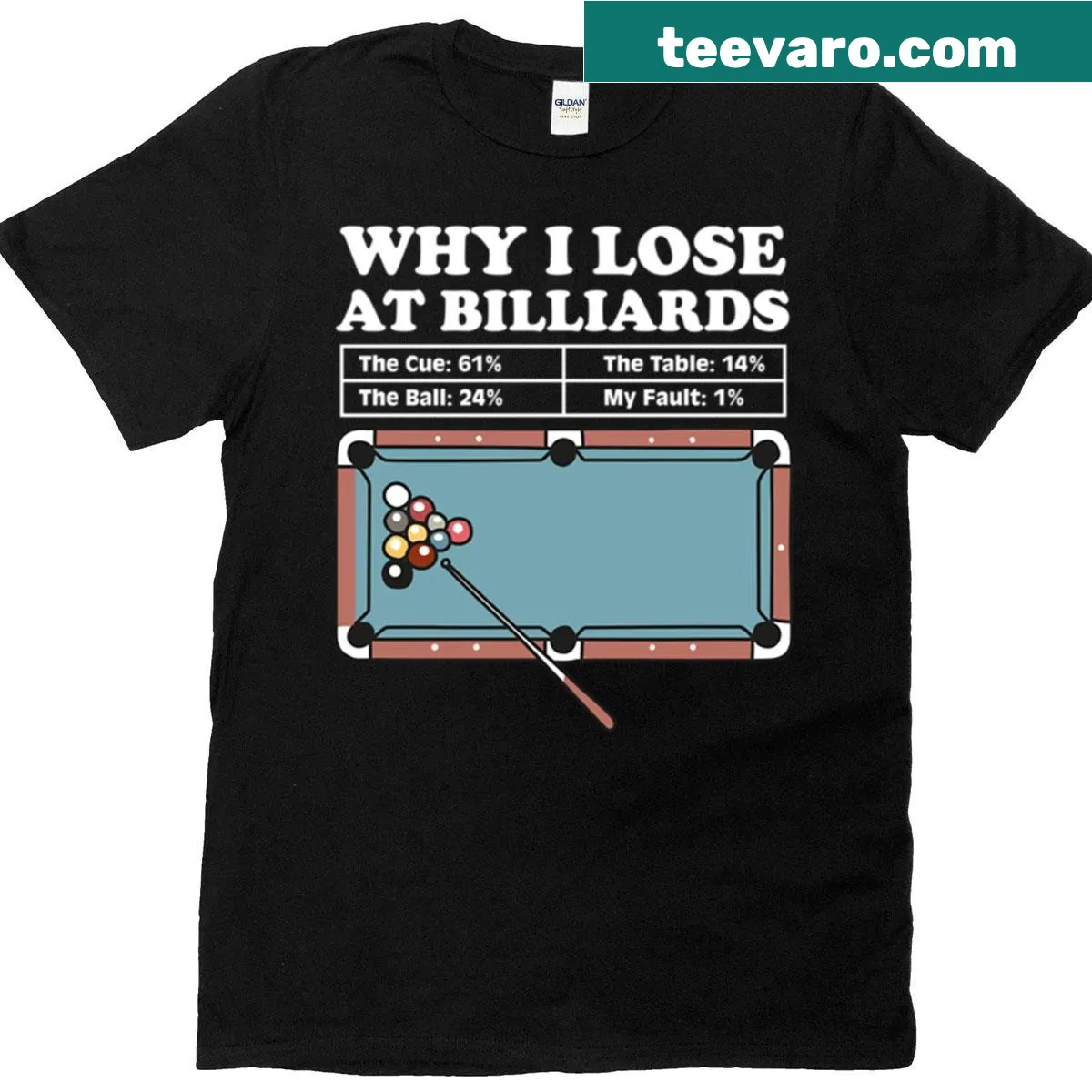 Funny billiards tee with text explaining losing at pool. — on a men's t-shirt