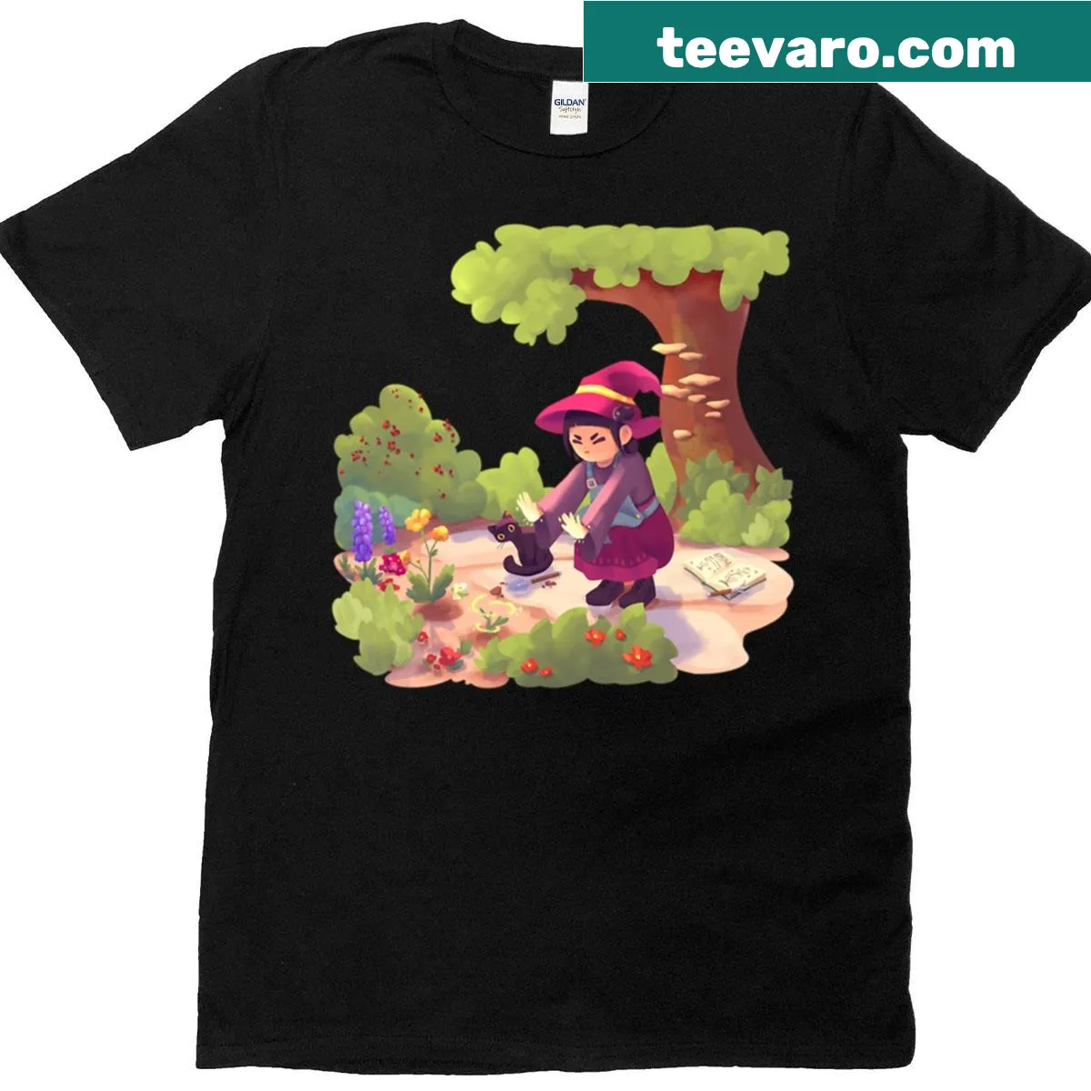 Illustrative shirt featuring a whimsical witch's garden — on a men's t-shirt