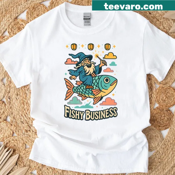 Surreal illustration of flying fish in pastel clouds on a t-shirt
