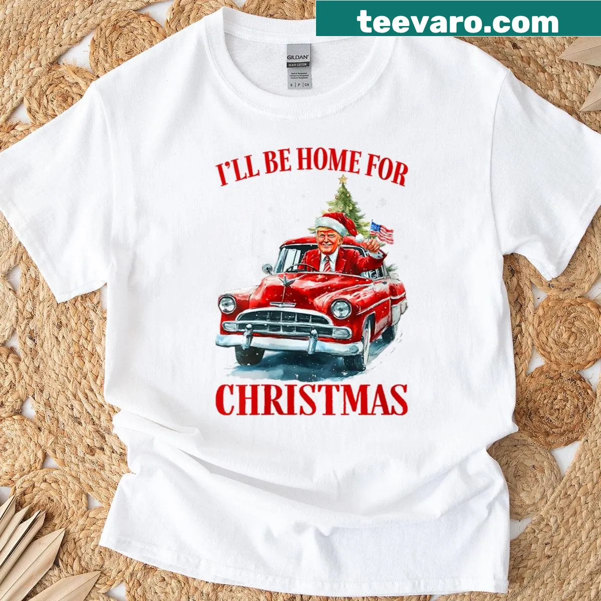 Christmas shirt with Trump riding a red truck and festive text — on a men's t-shirt