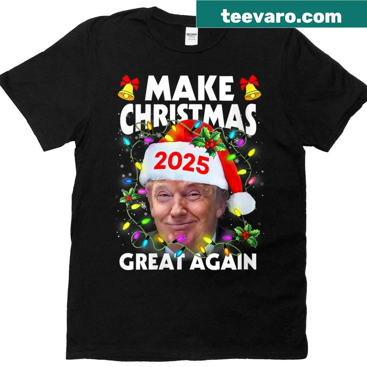 Funny Christmas t-shirt featuring Santa Trump — on a men's t-shirt