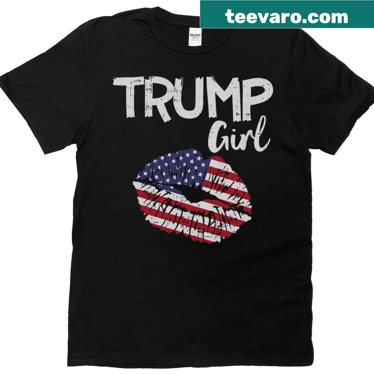 Womens Trump-themed T-shirt with lip and USA flag design — on a men's t-shirt